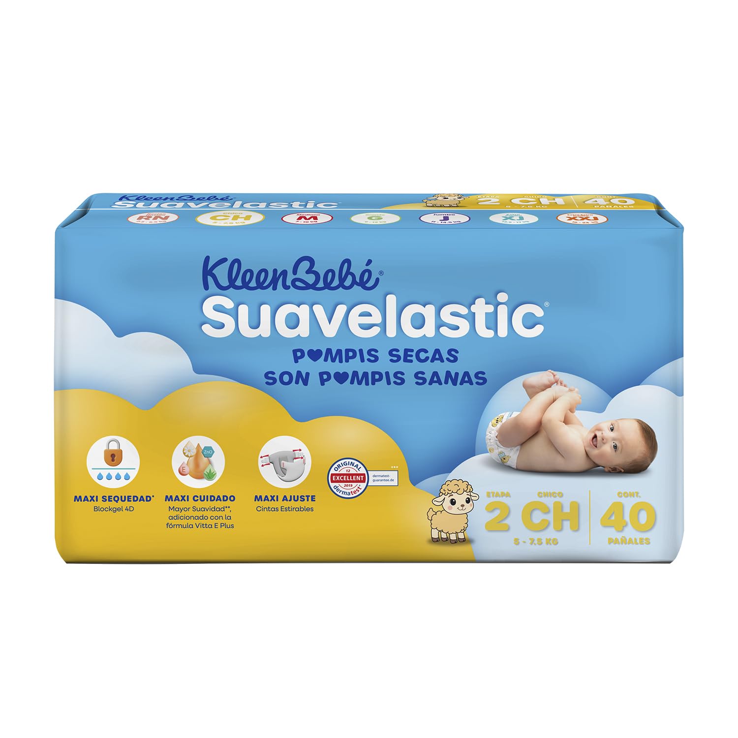 KleenBebé Suavelastic Pañal Desechable para Bebé, Talla Chico Unisex, Paquete con 40 Piezas, Ideal para Bebés de 5 a 7.5 kg
