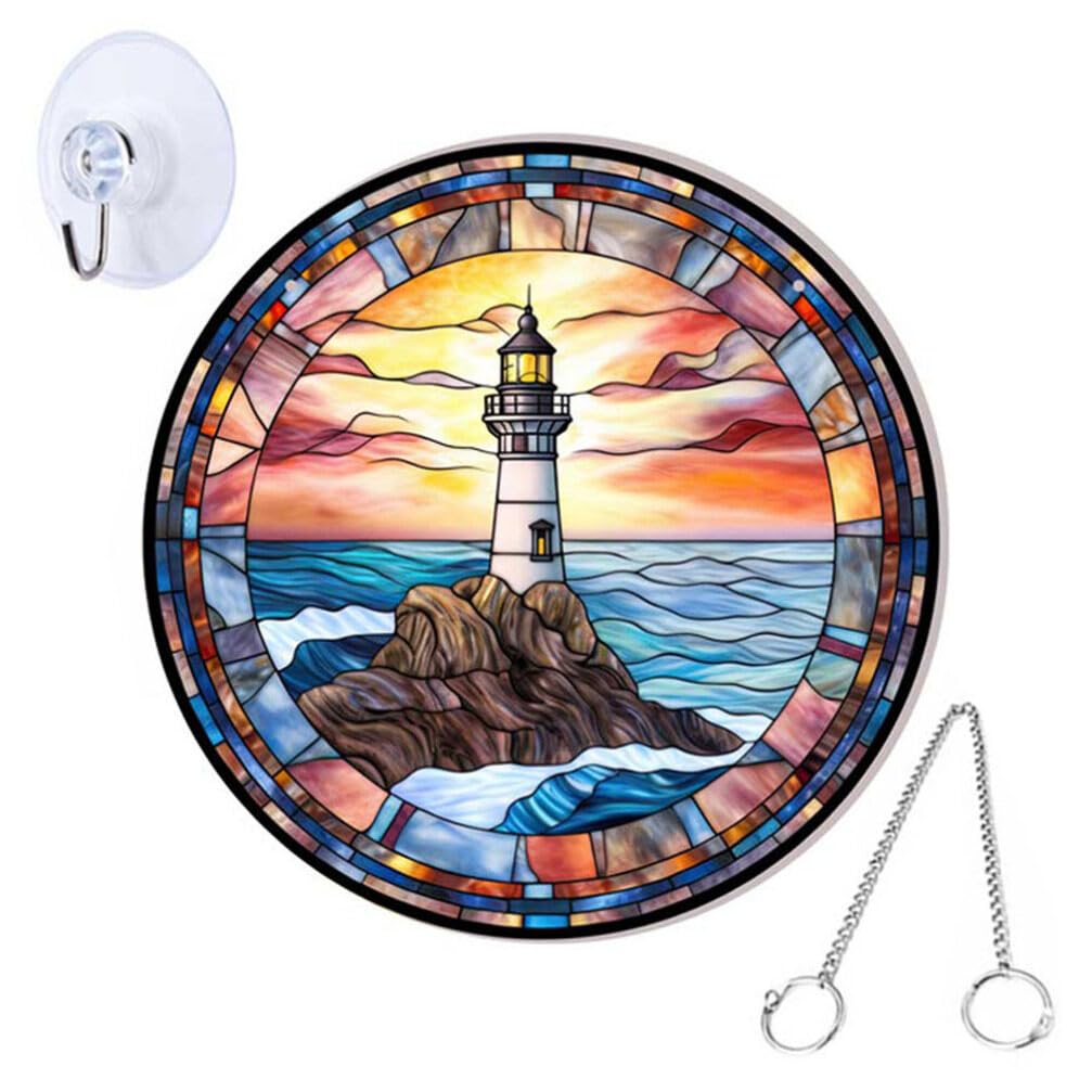 Acrylic Lighthouse Wall Hanging Ornament: Round Mediterranean Style Decor for Home Garden Window Porch - Multi-Color Easy to Clean present for Friends Family