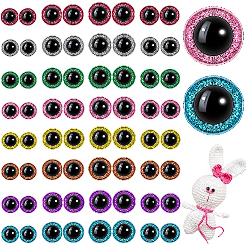 64 Pieces Glitter Plastic Safety Eyes 12 mm 16 mm 18 mm 20 mm Colorful Round Craft Doll Eyes with Washers Half Round Doll Teddy Bear Toy Eyes for Plush Animal and DIY Craft Making, 8 Colors