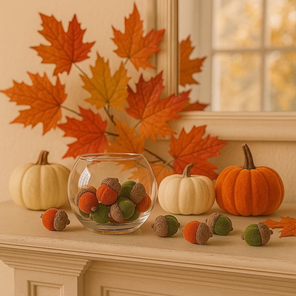 Box of Decorative Velvet Acorns Autumn - Green/Orange - Autumn Decoration Acorn Themed Décor Prop Foliage - Autumnal Decoration - Perfect for Home, Kitchen, Living Room