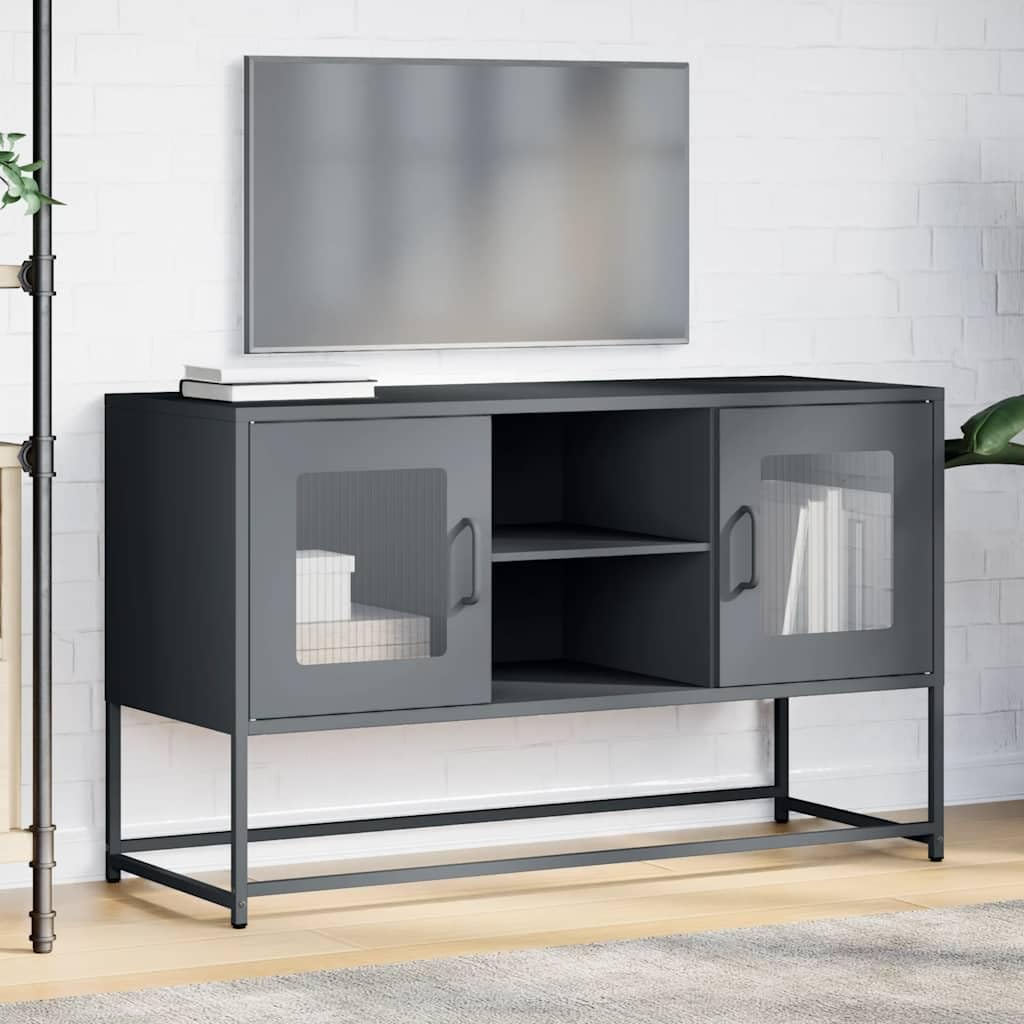Mueble de TV con soporte de pared antivuelco: Mueble de TV industrial de acero laminado en frío y banco de TV estable con dos opciones de montaje en antracita