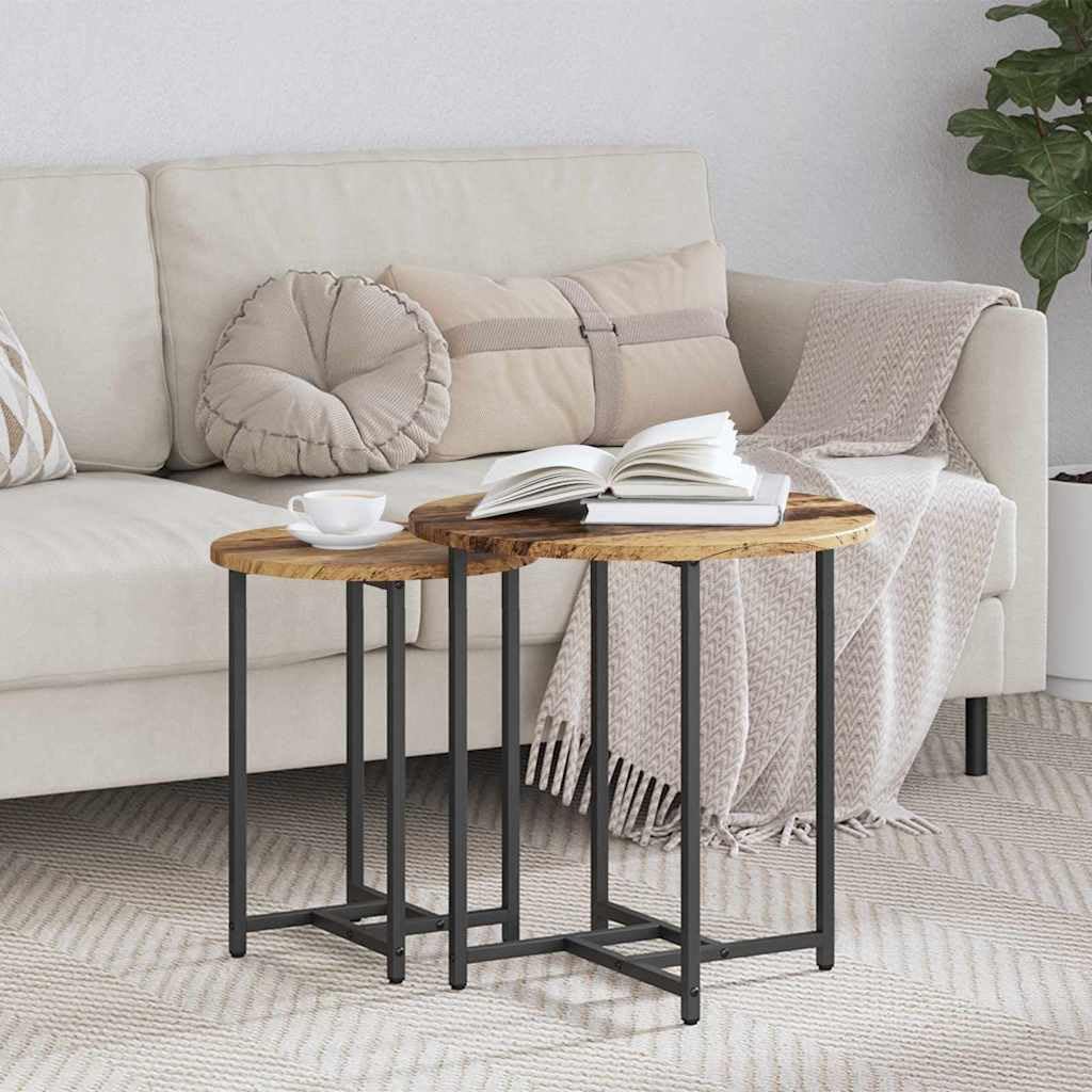SXZenSpace Side Table Set 2 pcs Old Wood & Black Metal Nesting Coffee Tables 50 x cm 36 45 Industrial Small for Living Room Bedroom Corridor