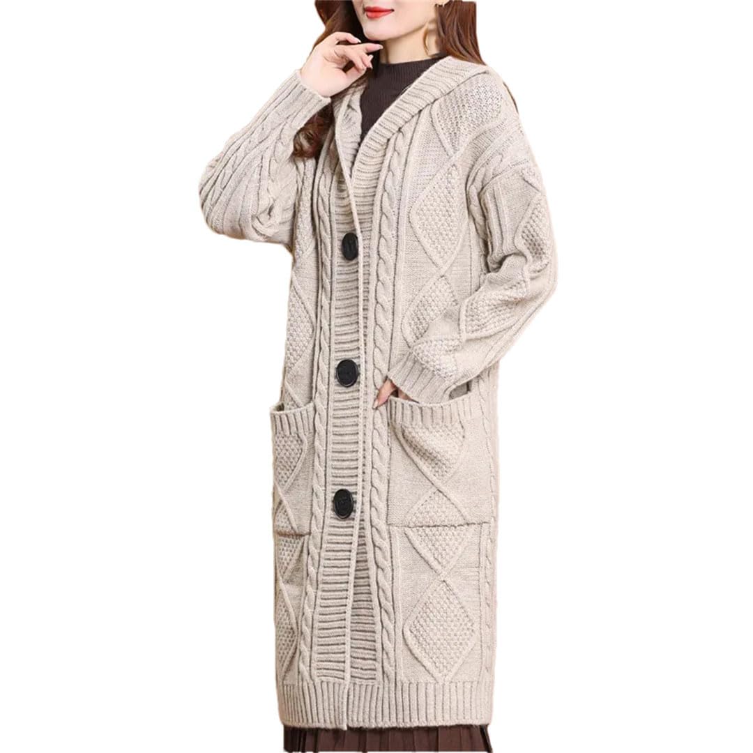 Suéter con capucha para mujer, cárdigan largo para otoño e invierno, suelto, grueso, cálido, de punto de un solo botonadura