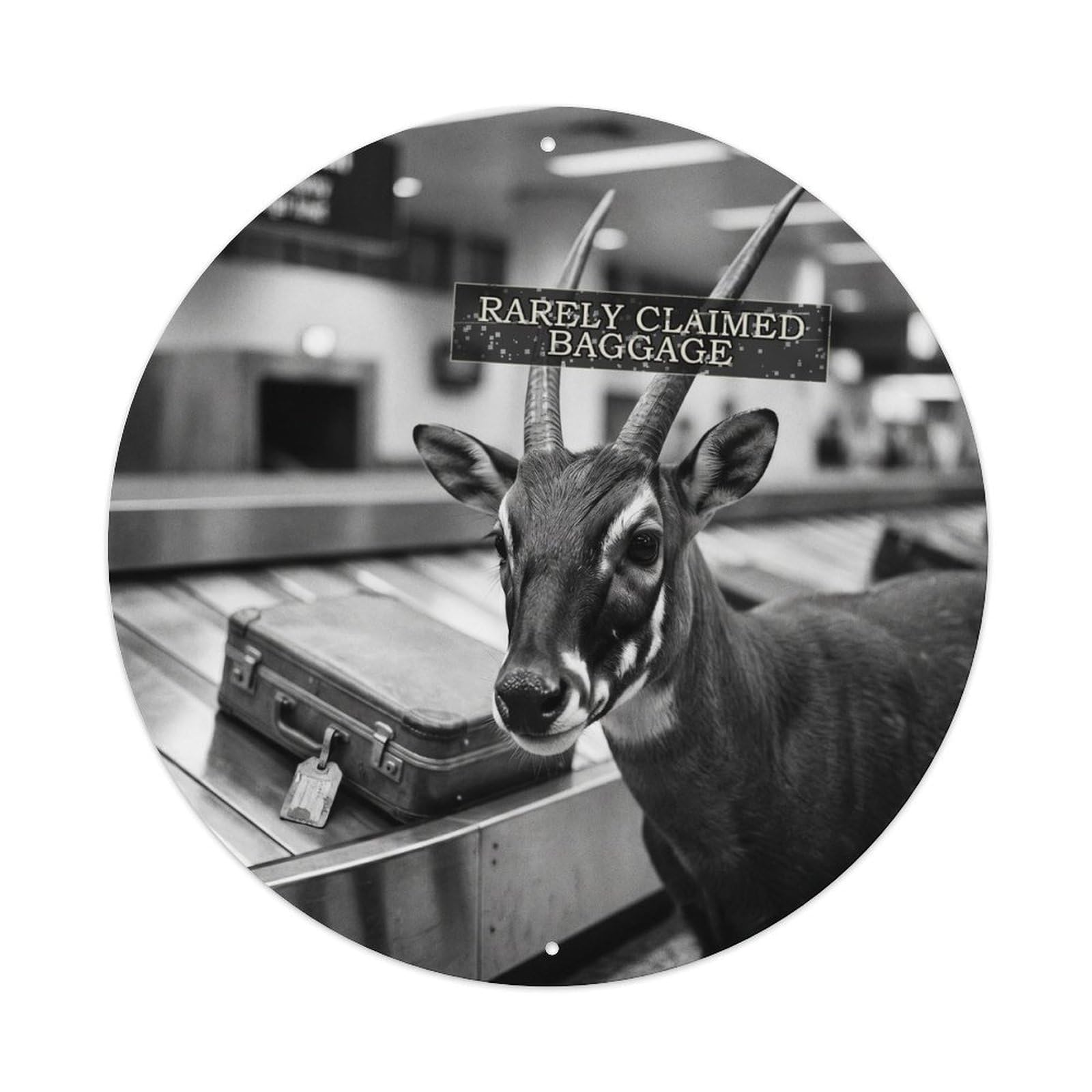Animal Saola Baggage Claim Anthropomorphic Absurd Comedy Metal Tin Sign Plaque Wall Decor for Cafe, Man Cave, Club Bar, Office, Home Garden Round Metal Poster 8x8Inch