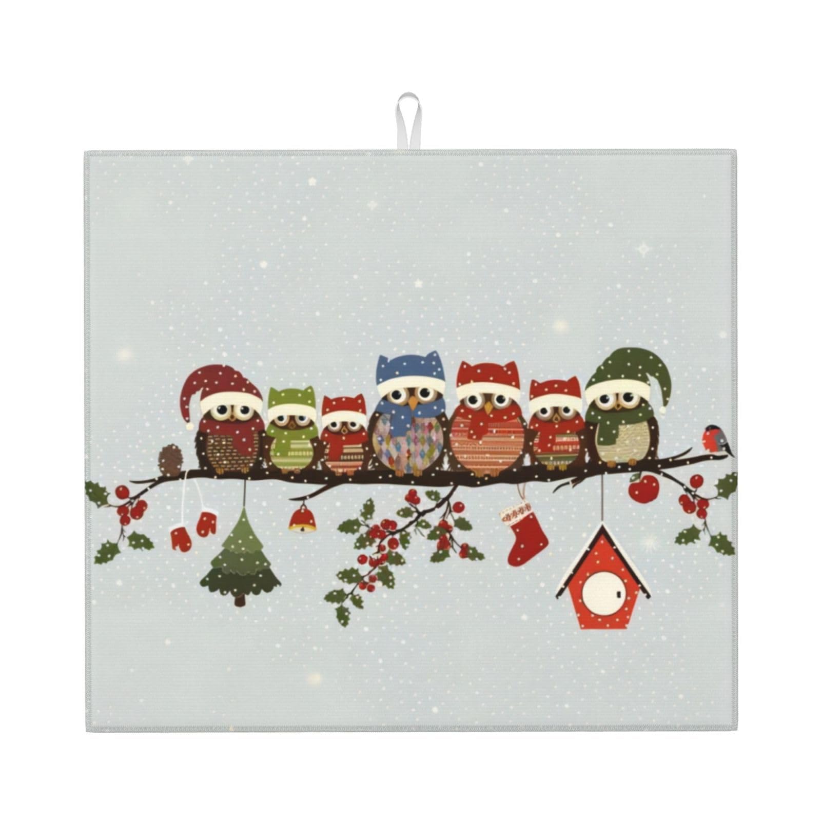 YYHWHJDE Cute Christmas Owls On Branch Prints Kitchen Drying Mat – Absorbent Microfiber Throw for Dishes, Non-Slip Counter Layer with Vibrant Fade-Resistant Print, Ideal for Appliance Protection