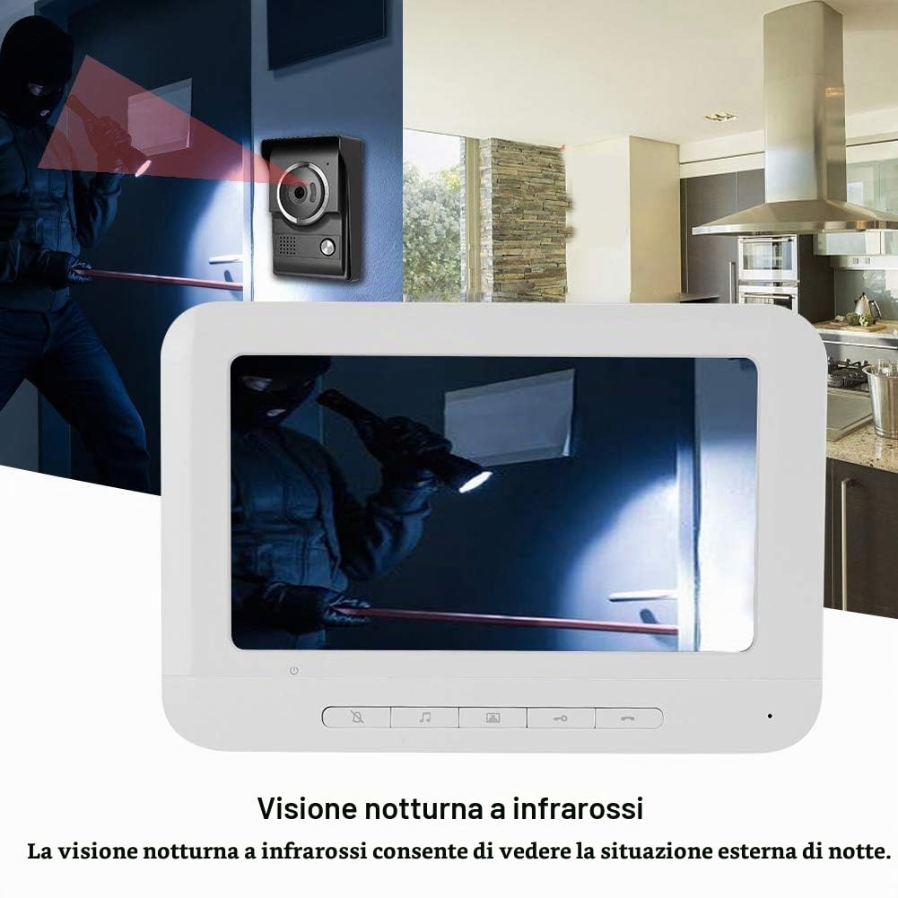 Campanello Videocitofono, Kit Videocitofono Monitor LCD 7 Pollici, Monitoraggio Supporto, Impermeabile, Visione Notturna a Infrarossi, Citofono Bidirezionale per Villa House Office(Spina UE)