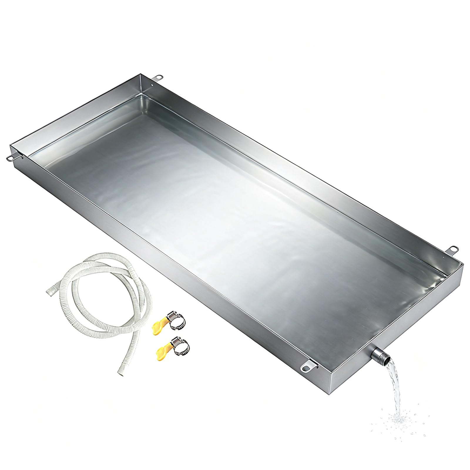 Bandeja Aire Acondicionado Universal Acero Inoxidable 304 a Prueba de Fugas | Manguera de Drenaje de 200 cm y 2 Abrazaderas, Bandeja Condensacion Sistemas Split para Interiores Exteriores(24x20x1.2in)
