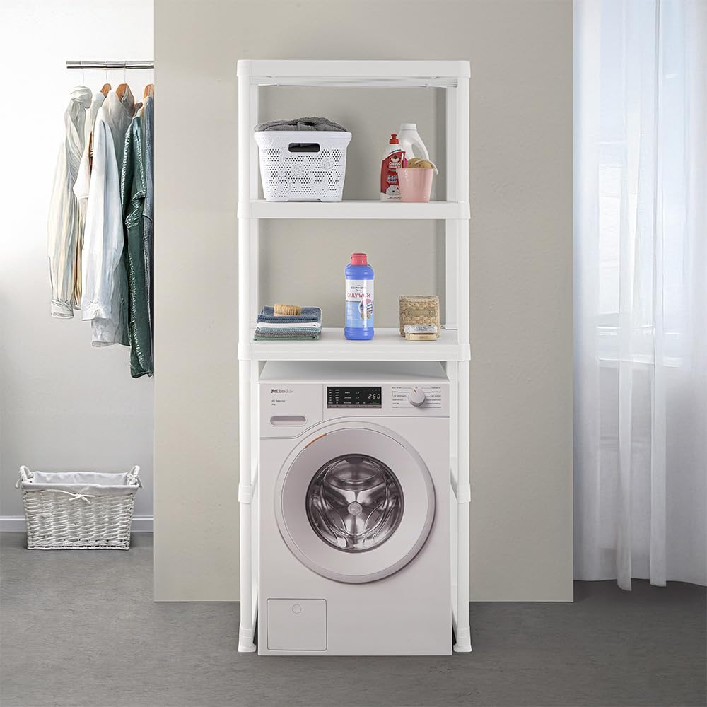 Inbagno Scaffale Sopra Lavatrice E Asciugatrice In Plastica Bianca Con 3 Ripiani Dalla Texture Antiscivolo, L 74 x P 59 x H 186 Cm, In Kit Di Montaggio Facile Da Assemblare