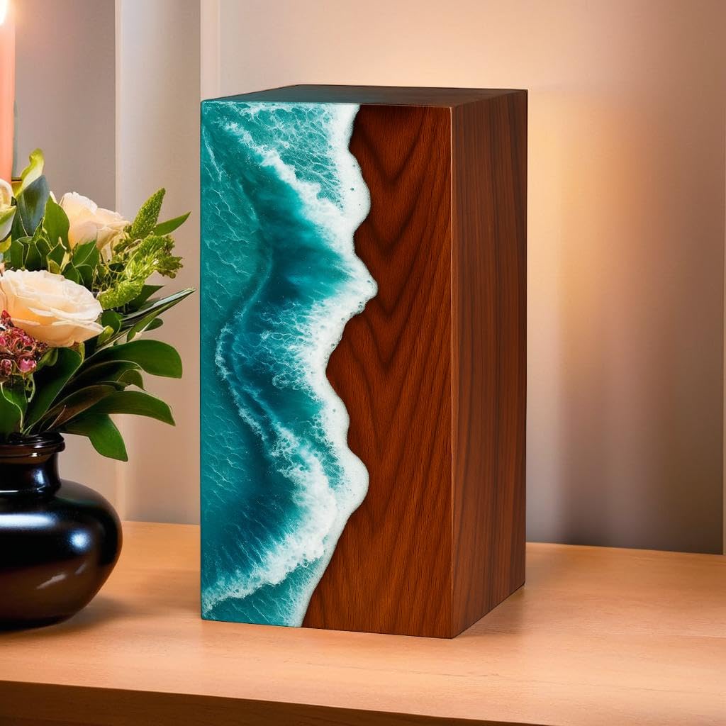 Handcrafted Wooden Ocean Wave Urn for Human Ashes – Epoxy Resin Memorial Urn for Adult Men & Women – Funeral Urn Box – Wooden Cremation Urns (Tidal Embrace Urn, (Keepsake - 5" Hx4 W (20 Cu/in))