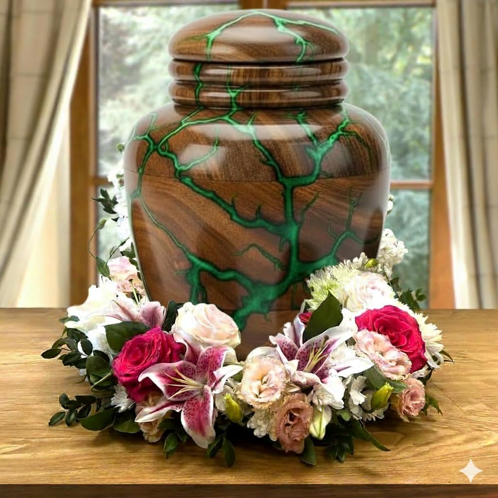 Rosewood Resin Urn for Human Ashes – Handcrafted 15 cu in Wooden Memorial Box – Green Epoxy Resin Inlay – Premium Decorative Cremation Keepsake Urn for Adults or Pets