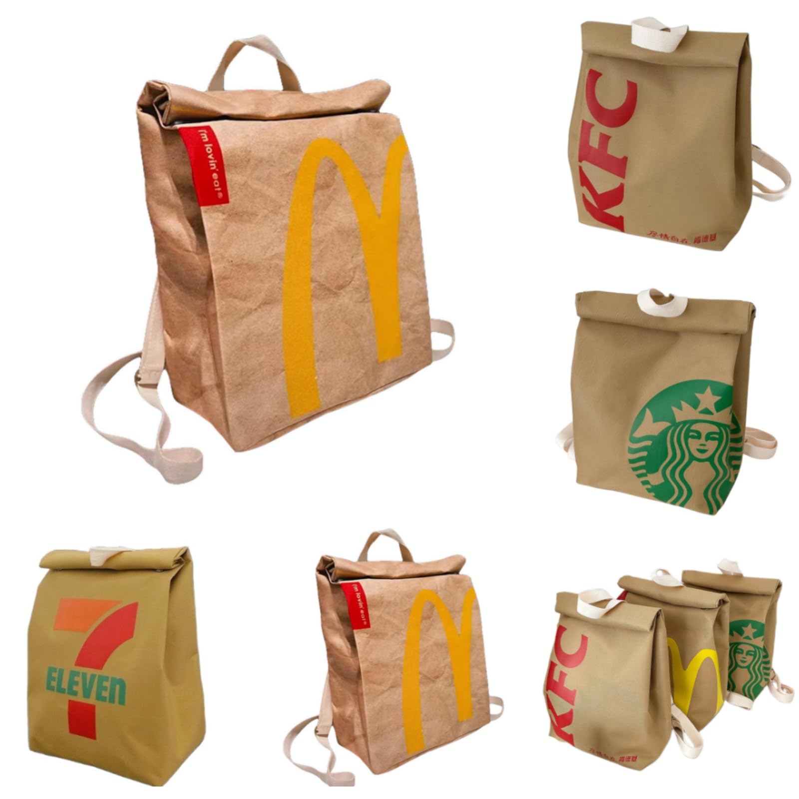 Cute Backpack for Women Men, Creative Retro Linen Paper Backpack Novetly Bag Fast Food Bag, Funny M Print Coffee Logo Large Capacity Cartoon Bag Canvas Backpack, Funny Gift Fast Food Take Away