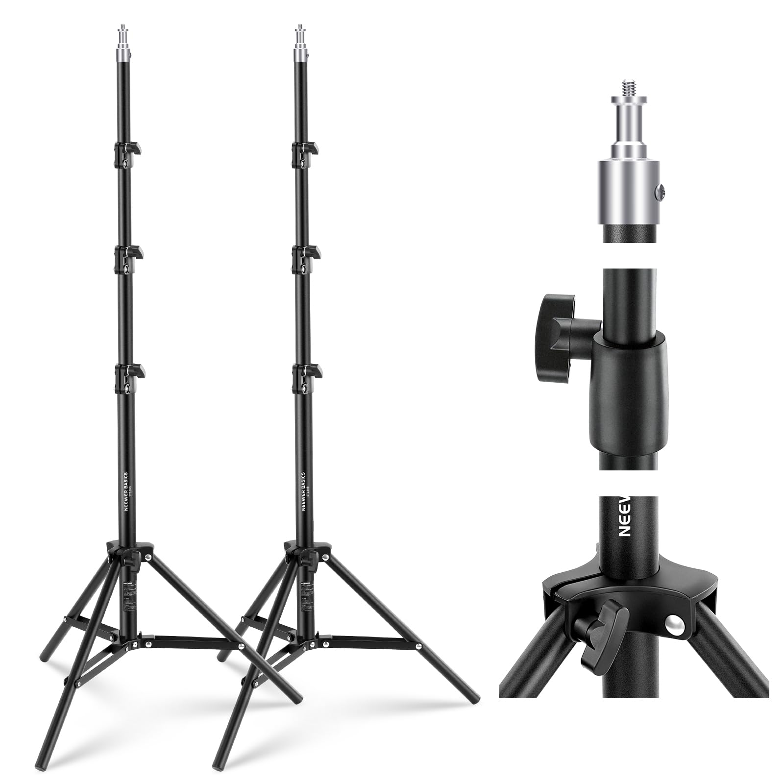 NEEWER BASICS 6ft/180cm Photography Light Stand 2 Pack, 4 Section Foldable Metal Tripod with 1/4" Screw & 5/8" Stud for Camera, Ring Light, Accessories, Max Load: 11lb/5kg, ST180B