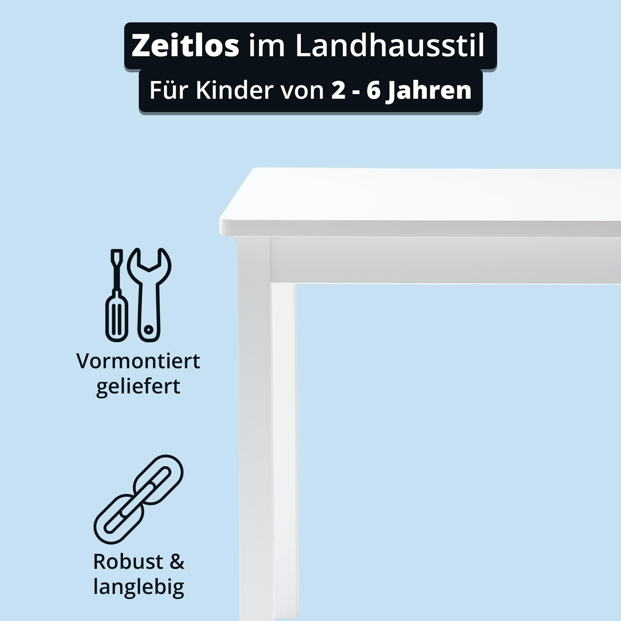 KHG Kindertisch Massivholz lackiert weiß Landhaus für Kinderzimmer, 4-Fußgestell, Pflegeleichte Oberfläche, robust, kindgerechte Höhe 66 x 51 x 50 cm