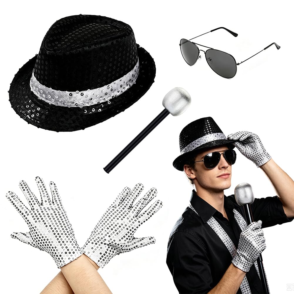 MJ Costume Accessories Adults Disco Costume Set 80s Dancer Rocker Star Cosplay Fancy Dress Accessories with Jazz Sequin Hat Glove Microphone King of Pop Fancy Dress Set for Carnival Dance Party