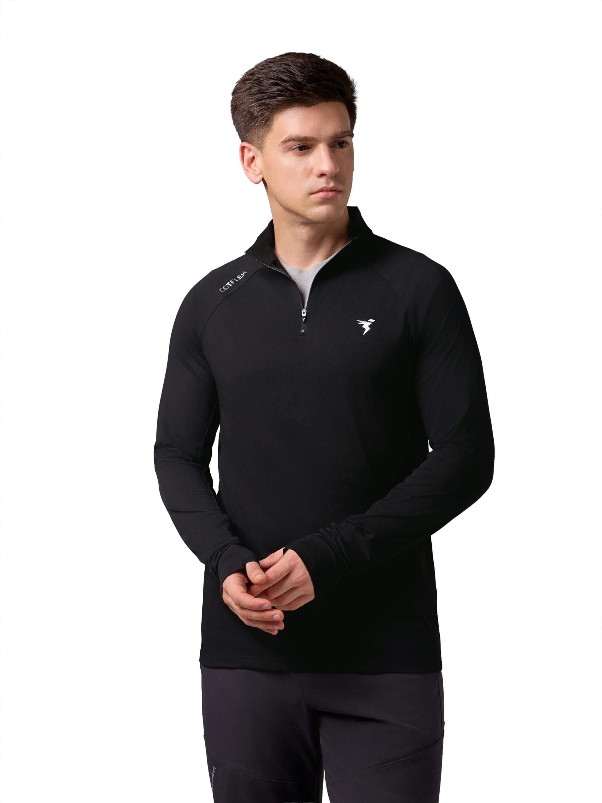 TECHNOSPORT Men's Solid Quarter Zip Gym Slim Fit Active Sports T-Shirt with COTFLEX Full Sleeve Cotton Feel Polyester 4-Way Stretch Memory Fabric Lightweight Workout Running Training-picture-35