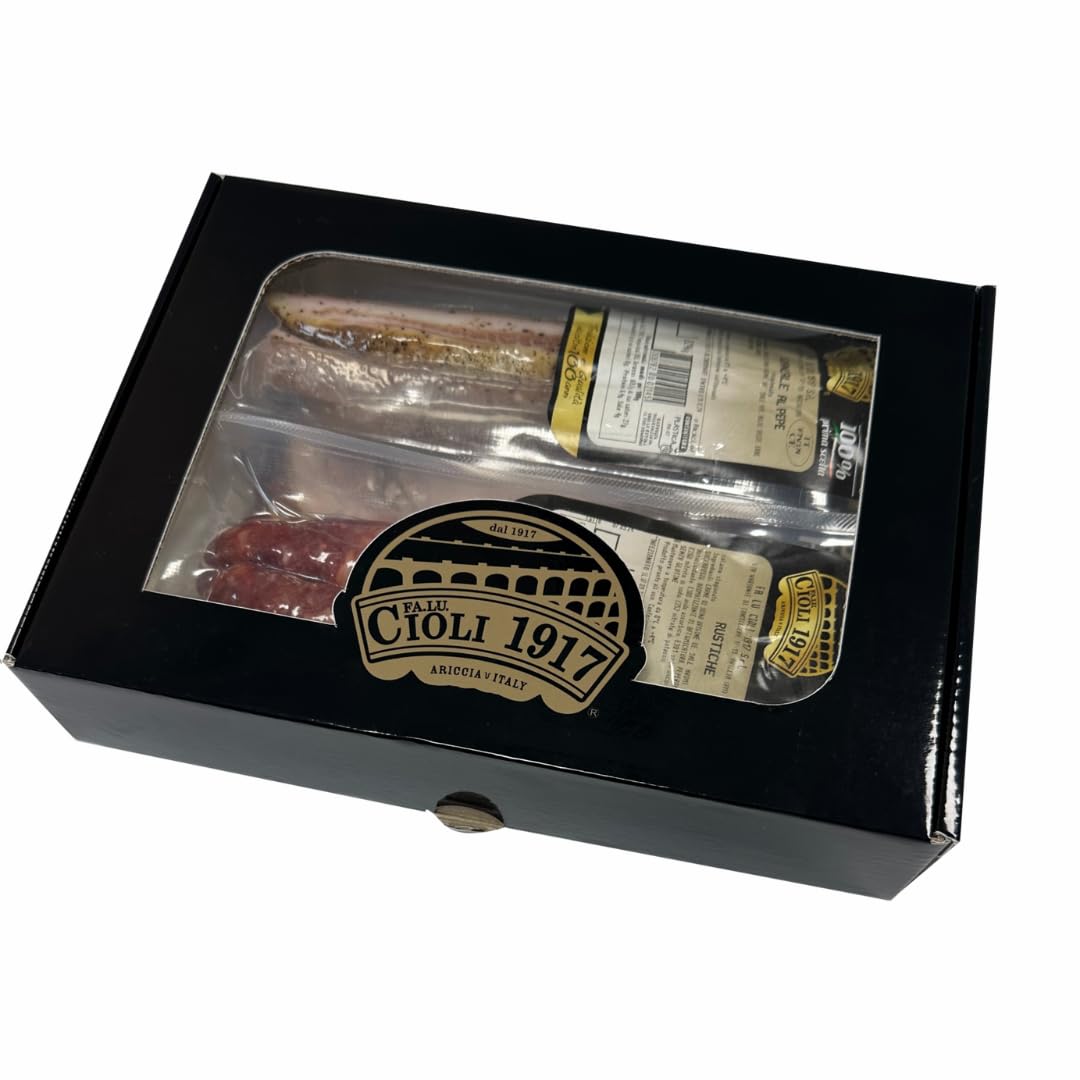 Fa.Lu.Cioli 1917 - BOX DEGUSTAZIONE - Box Gastronomico con Porchetta Affettata 180g, Ariccina 150g, Rustiche Dolci 210g, Guanciale Affettato 200g, 1 Snack Crick Crosta - Gluten Free - Made in Italy