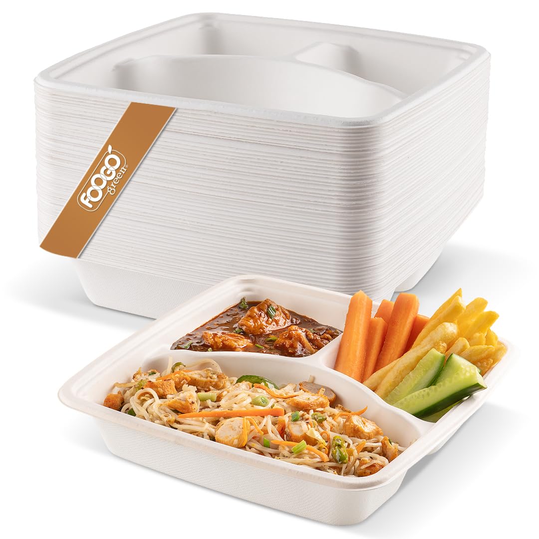 FOOGO Green 500pcs Large Disposable Plates with compartments, 23x23 cm 3 Deep Compartments, Sugarcane Bagasse Paper Trays, Divided Plates for Hot Food, Portion Control