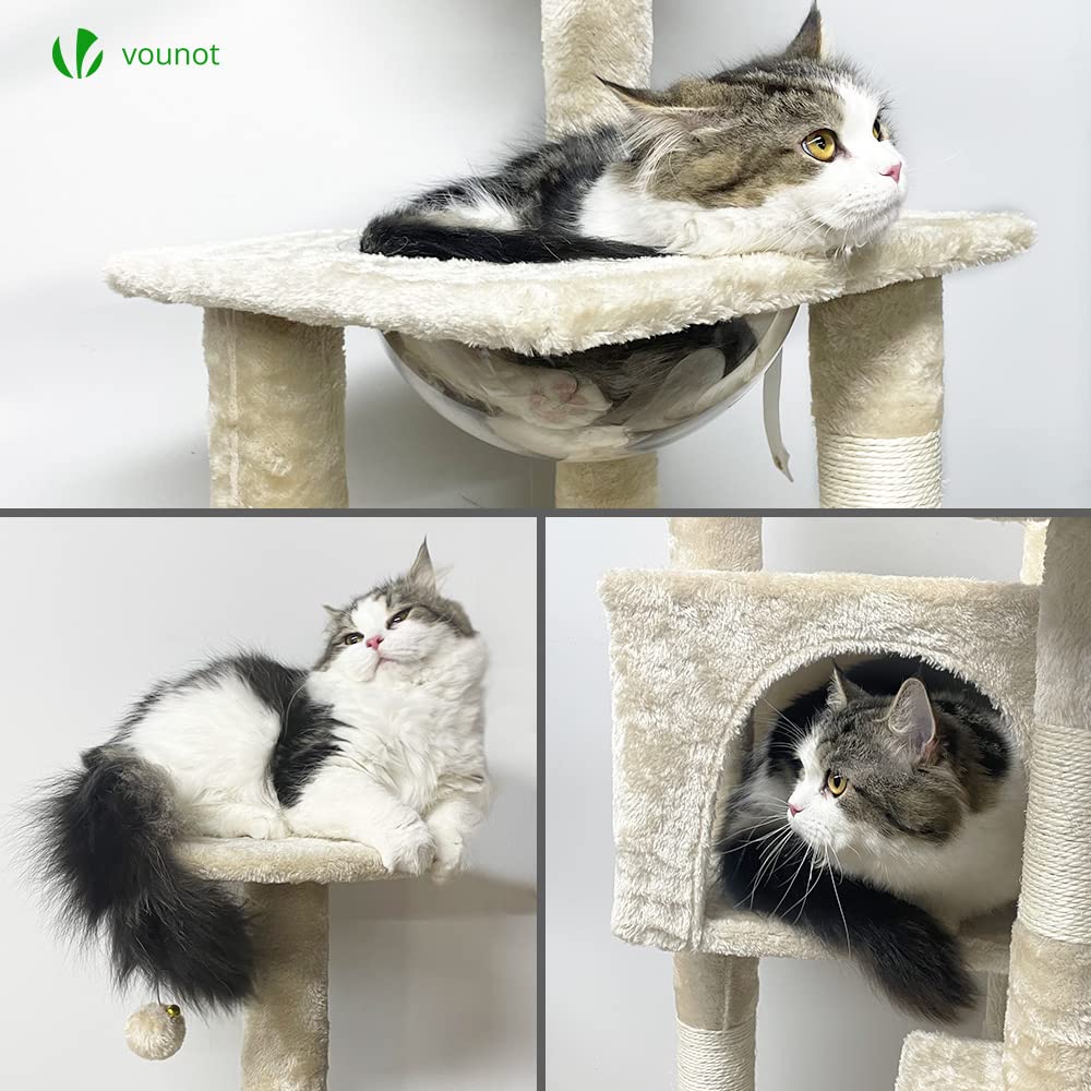 VOUNOT® Árbol Rascador para Gatos, Poste Rascador Estable para Gatos con Nido, Plataformas, Cápsula Espacial y Bola para Gatos, 138cm, Beige