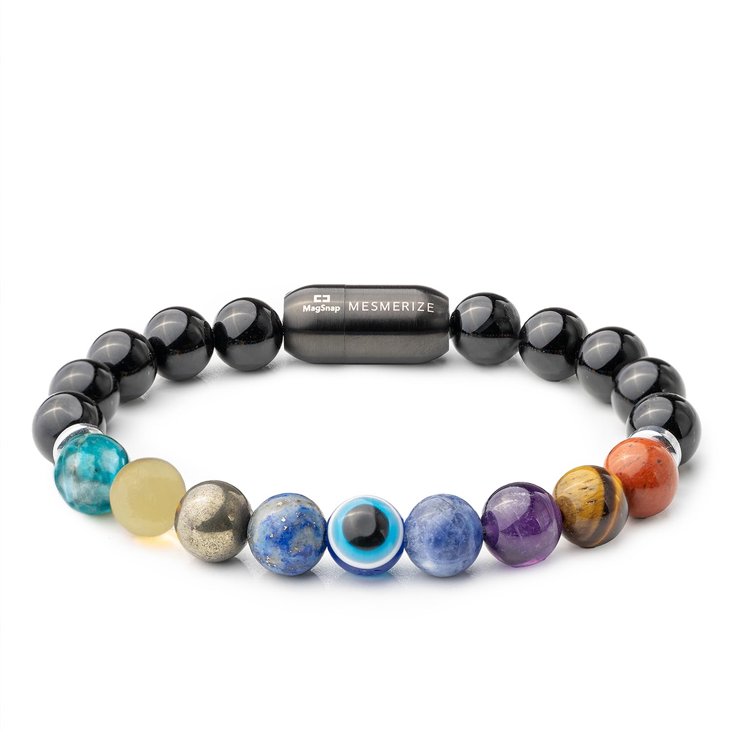 MesmerizeSuper 9 Chakra Healing Bracelet with Pyrite and Evil Eye | Original Unisex Bracelet with Real Authentic Stones | Durable MagSnap 2 Magnetic Closure | Lab-Tested Certificate & 6-Month Warranty Included.