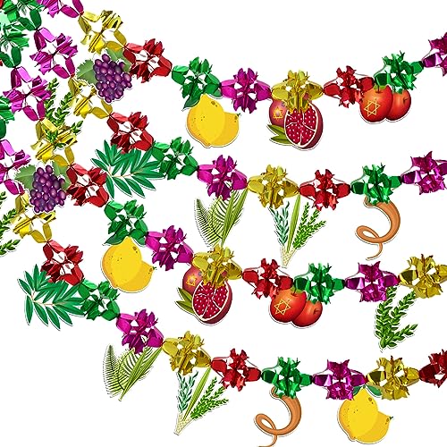 Retrowavy 4 Pcs Sukkot Fruit Hanging Decorations with 36 Pieces Sukkot Paper Cards Pomegranate Lemon Willow Sprigs Sukkah Foil Hanging Decor Banner Decorations for Jewish Party Decor