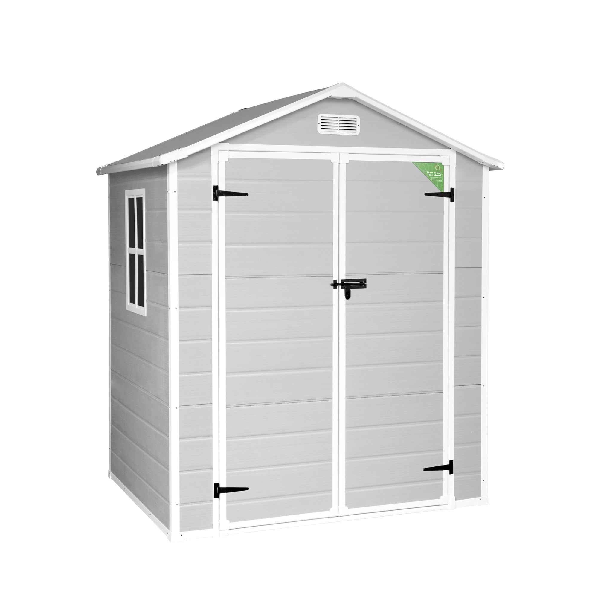 Wasabi - Caseta Jardín Resina Aqua 2.6 – Ventana Luz Natural - Suelo Incluido - Paneles 12mm Espesor - Gris Blanco - Armario PVC Exterior - 2,39m2 - Techo Dos Aguas