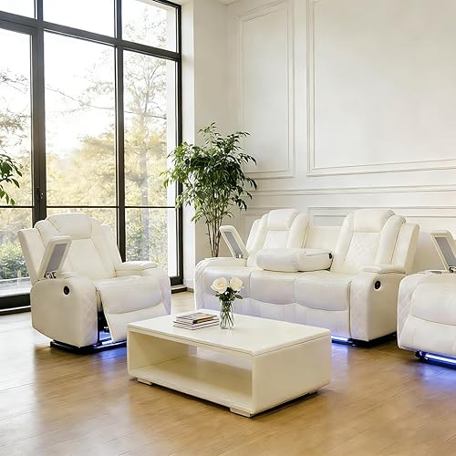 Miniatura 14 de Pon Living - Juego de sofá modular de cuero con luces LED, juego de sofá seccional reclinable eléctrico, juegos de muebles de sala con Negro