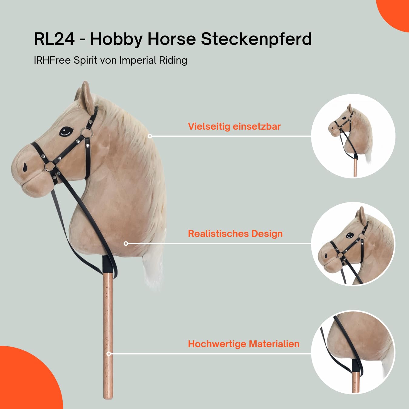 RL24 - Hobby Horse Pferde IRHFree Spirit von Imperial Riding – Steckenpferd – Spielpferd aus Plüsch mit Holzstock & kurzer Mähne – Stockpferd ohne Griffe & Rollen – Hobby Horsing – Beige