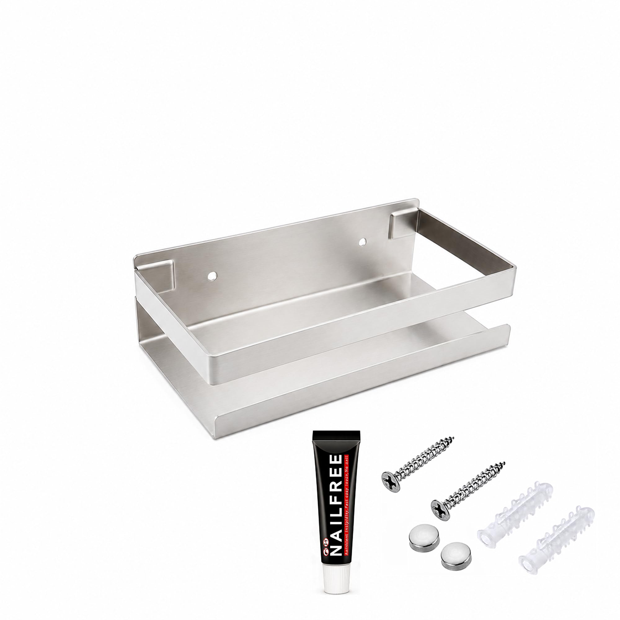 Taspooke 20cm Floating Wall Shelf, 304 Stainless Steel Adhesive Bathroom Shelf, Rustproof No Drill Shower Storage Rack for Kitchen, Utility Room, Bedroom, Toiletries, Cosmetics and Spice Rack