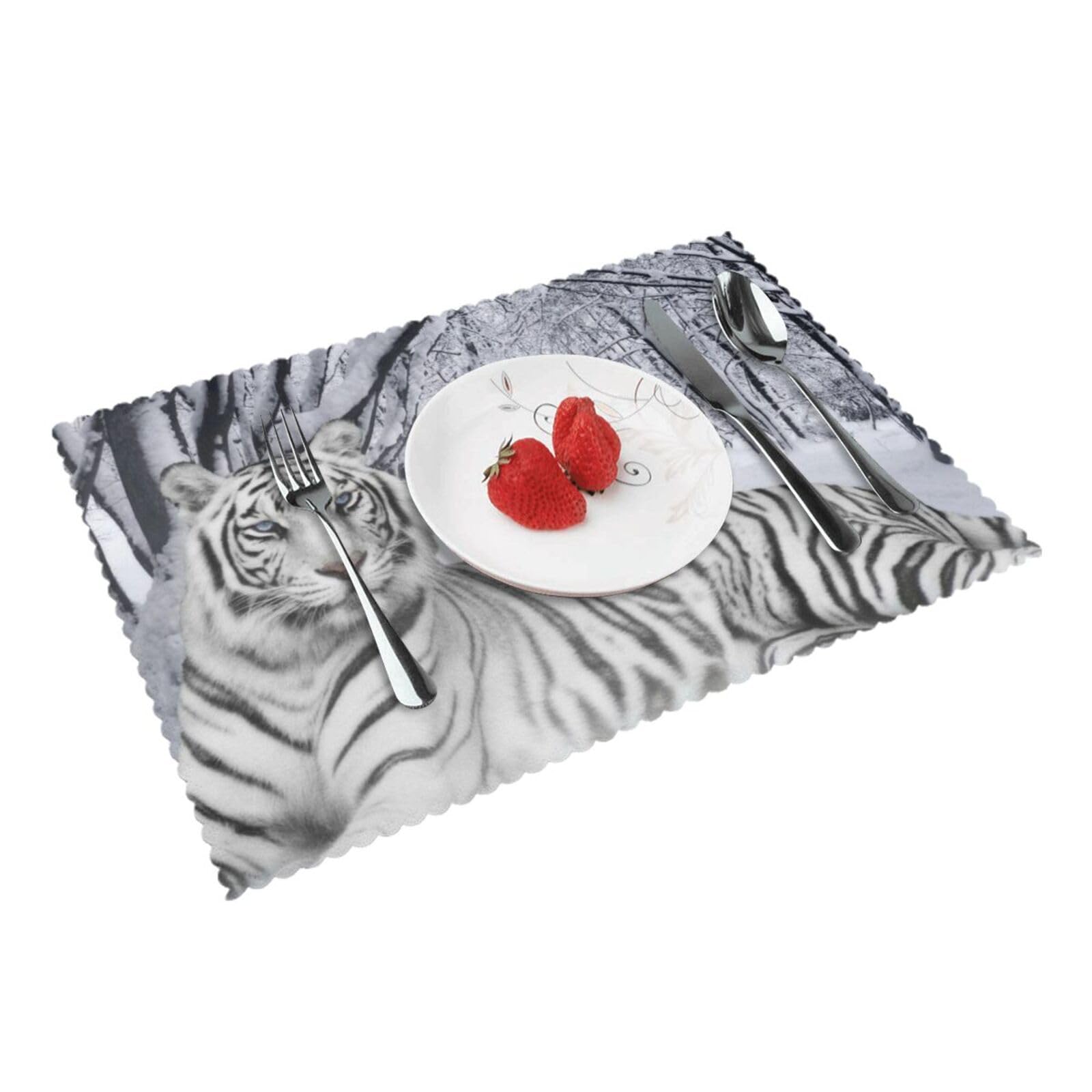 4 PCS Heat Resistant Placemat 45x30 CM, White tiger Printed Non-Slip Place Mats for Kitchen Dining Table Indoor Outdoor