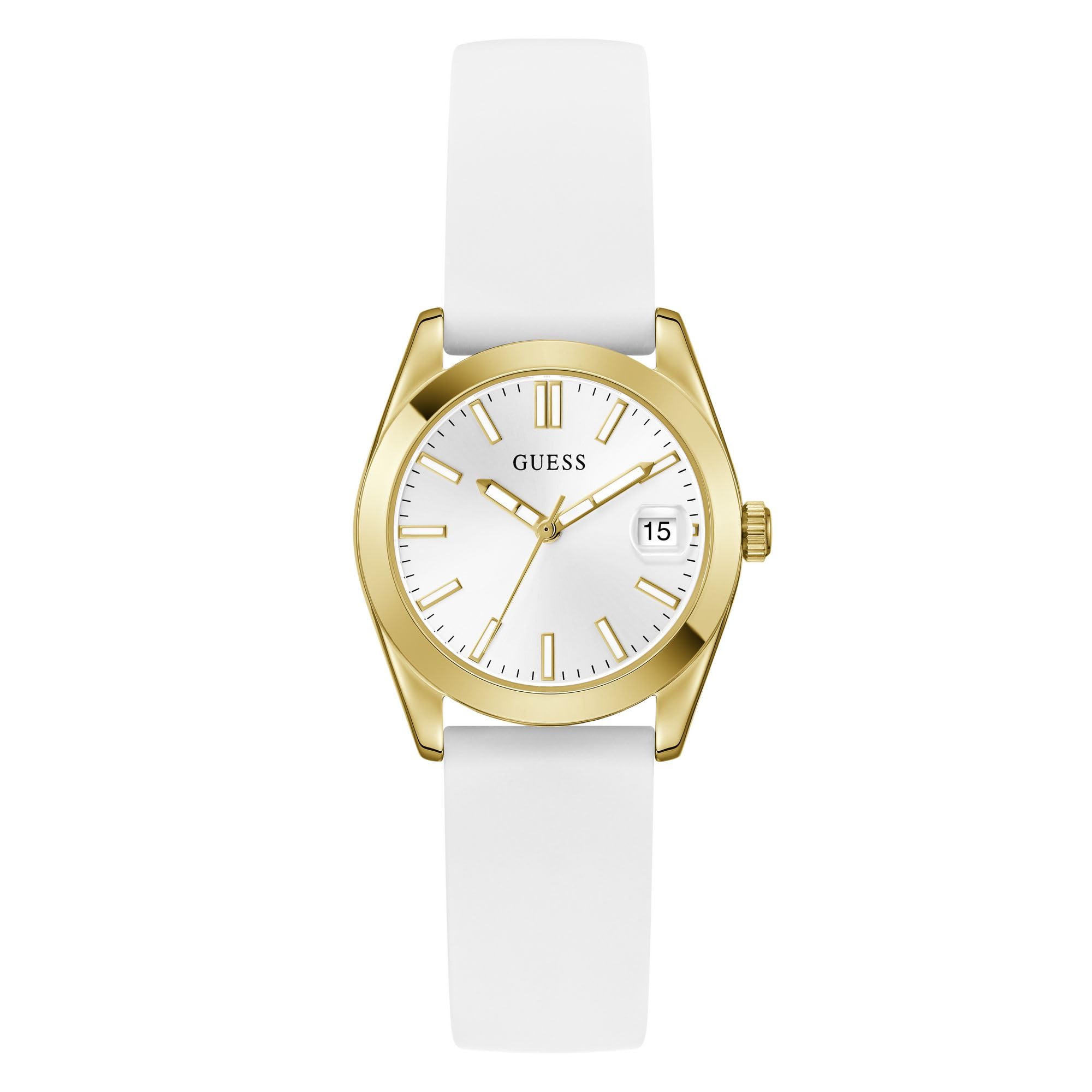 Guess Reloj de Pulsera Alice GW1033L2 para Mujer, 32 mm, Acero Inoxidable PVD, Esfera Blanca, Cuarzo, Cristal Mineral, 3 ATM, Correa de Silicona