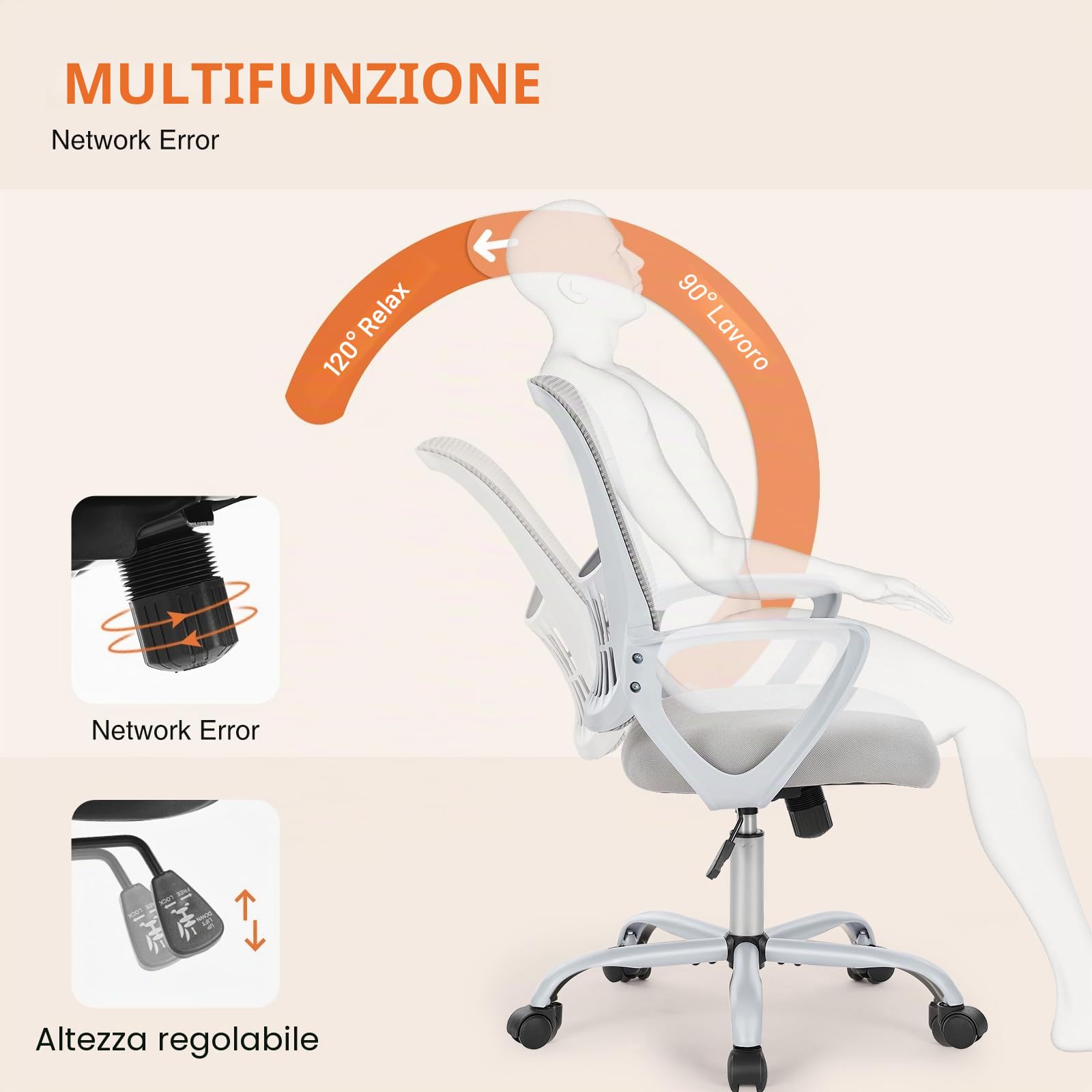 Sweetcrispy Bürostuhl Ergonomisch scrivania con Supporto Lombare, braccioli Regolabili, Sedia Girevole, Adatta per Ufficio e Camera da Letto (Nero), Metallo, Grigio, Fester Handlauf