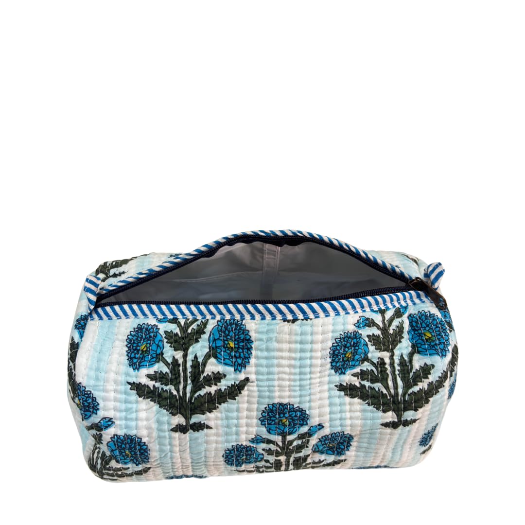 Quilted Cotton Travel Organizer Bag Set of 3 β Waterproof Toiletry Pouch, Cosmetic Makeup Bag & Multipurpose Travel Pouches for Women & Men, Handcrafted Block Print (Floral White & Blue) 4