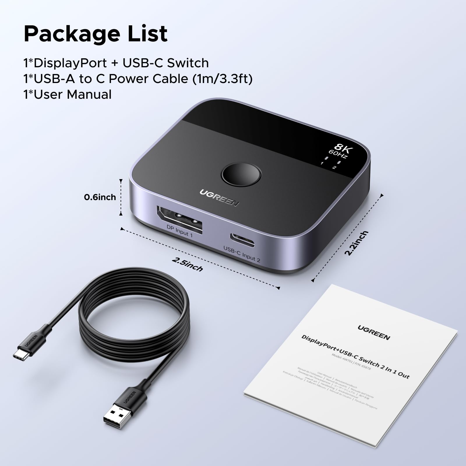 UGREEN DisplayPort USB C Switch 2 In 1 Out DP1.4 Switcher 8K60Hz 4K240Hz 2 PC 1 Monitor Unterstützt des Umschaltens zwischen 1 Desktop-Computer und 1 Laptop Kompatibel mit Windows/Linux/MacOS usw.