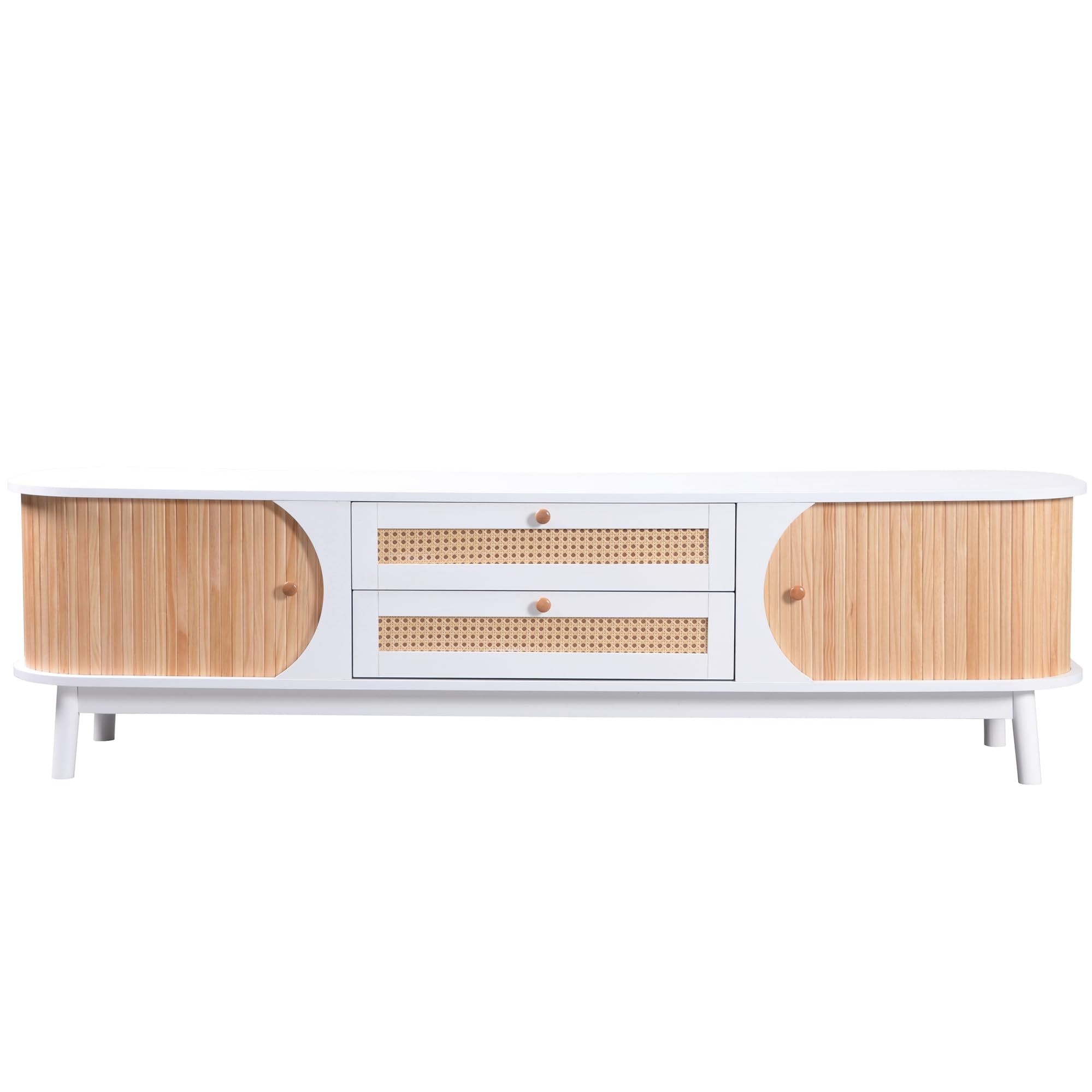 Niska szafka pod telewizor 160 cm, biała, drewniana, rattanowa z 2 drzwiczkami, 2 szufladami rattanowymi, nóżki z litego drewna, szafka pod telewizor do 70 cali, szafka pod telewizor, kredens, styl