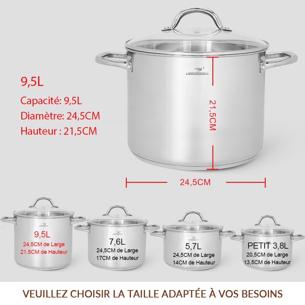HOMICHEF Marmite 24,5 cm 9,5 litres avec couvercle en verre - Acier inoxydable sans nickel - Poignée - Poli miroir - Saine à induction