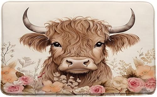 WUASDCS Highland - Tapete de baño de vaca de moda, diseño de toro rosa, hojas florales, lindo ganado rústico, animal de campo, naturaleza, baño,