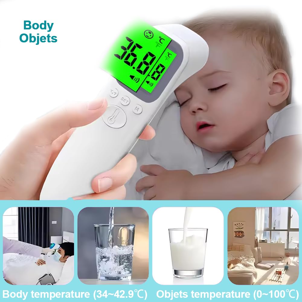 Thermomètre Frontal Sans Contact, Thermomètre Numérique avec 32 Mémoires, Écran LCD Rétroéclairé, Thermometre Frontal Adulte et Enfant, Lecture Instantanée 1s
