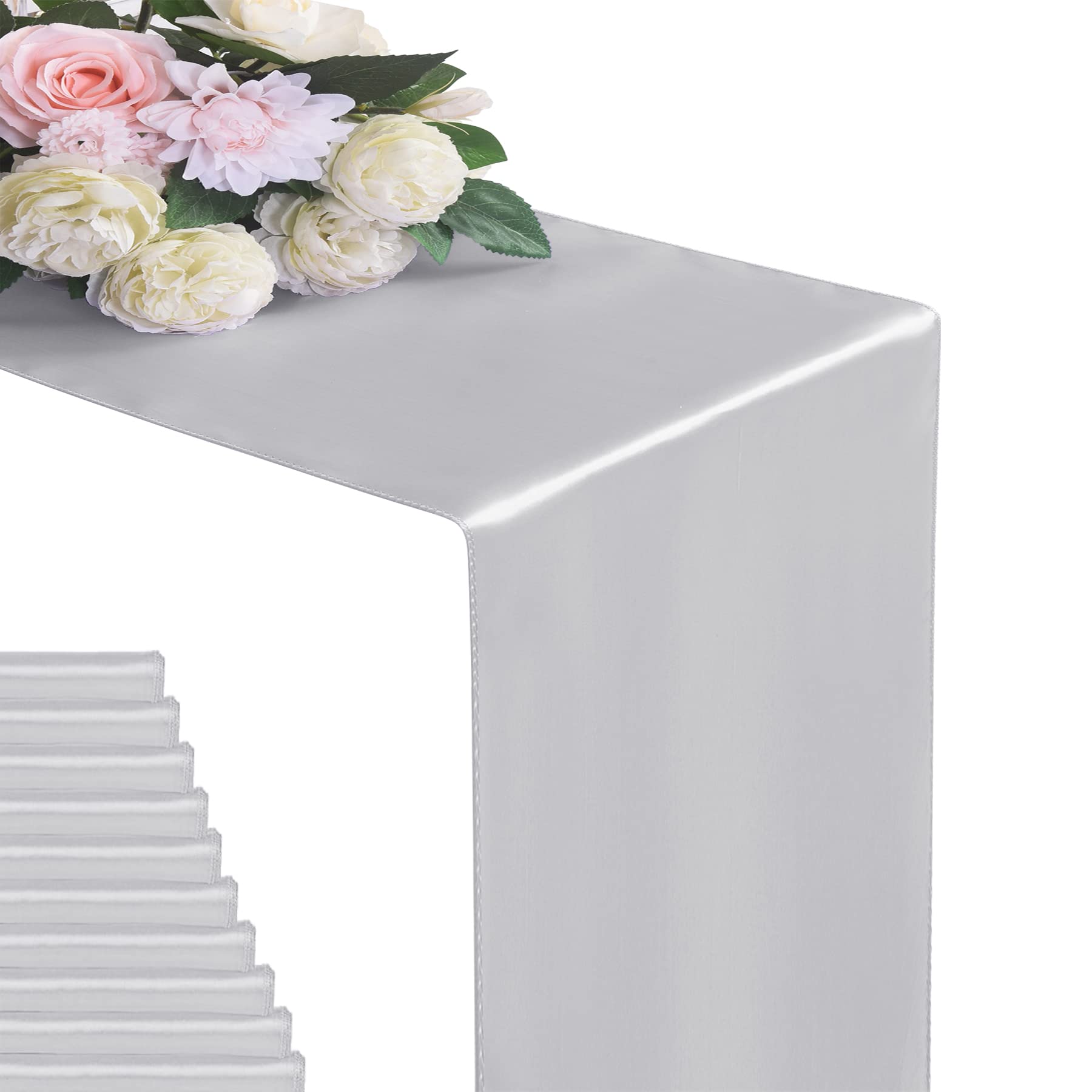 6Pack Table Runner 12 x 108 Inches Satin Silk Table Runner for Wedding, Birthday Party, Banquets, Graduations Decoration, fit Rectange and Round Table-Silver