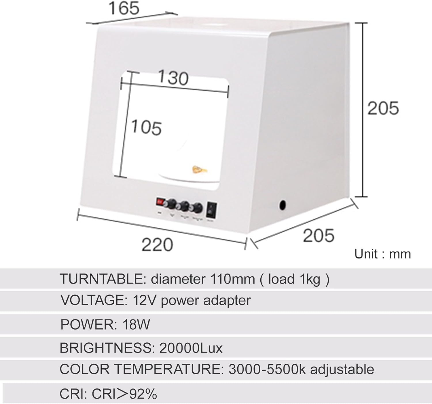 Caja de luz para estudio fotográfico con velocidad ajustable y tocadiscos para fotografía, cuenta con 4 luces de llenado de temperatura de color ajustables, ideal para sesiones de joyas
