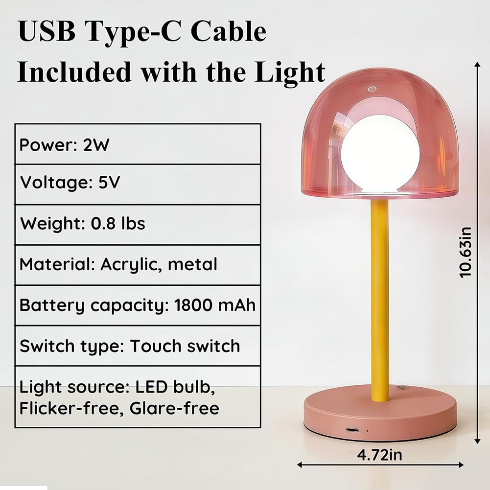 Lampada da Tavolo LED a Forma di Fungo Senza Fili Ricaricabile tramite USB Luce da Tavolo Rosa Batteria Ricaricabile Regolabile Lampada a Fungo a Batteria 3000K-6000K Metallo + Acrilico