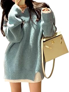 [7-livehouse] セーター レディース ニット プルオーバー フェイクレイヤード トップス 長袖 丸首 重ね着風 韓国ファッション ドロップショルダー 体型カバー ゆったり 暖かい 普段着 通勤 春 秋 冬