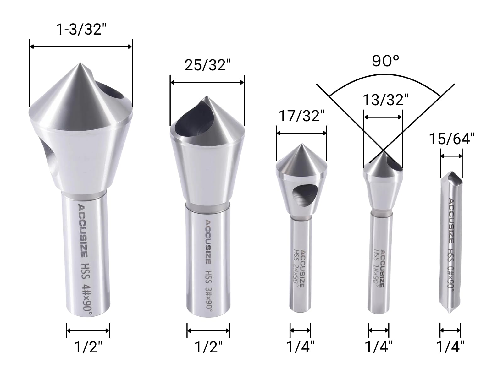 Accusize Industrial Tools Set di utensili per svasatura e sbavatura HSS, 90 gradi, 0 scanalature, 0206-0490, 5 pezzi