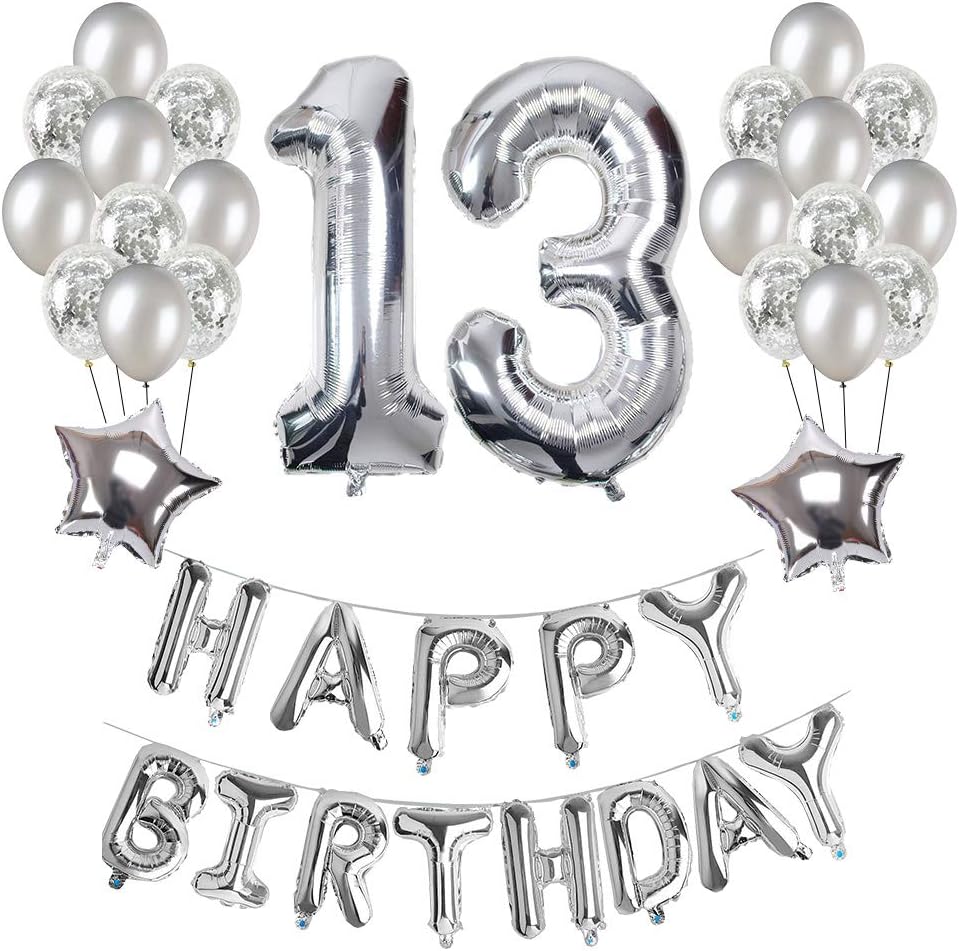 13th Birthday Decorations, Puchod Happy Birthday Decoration Banner Number 13 Foil Balloon Party Decor Set with Confetti Balloons Silver for Boy..