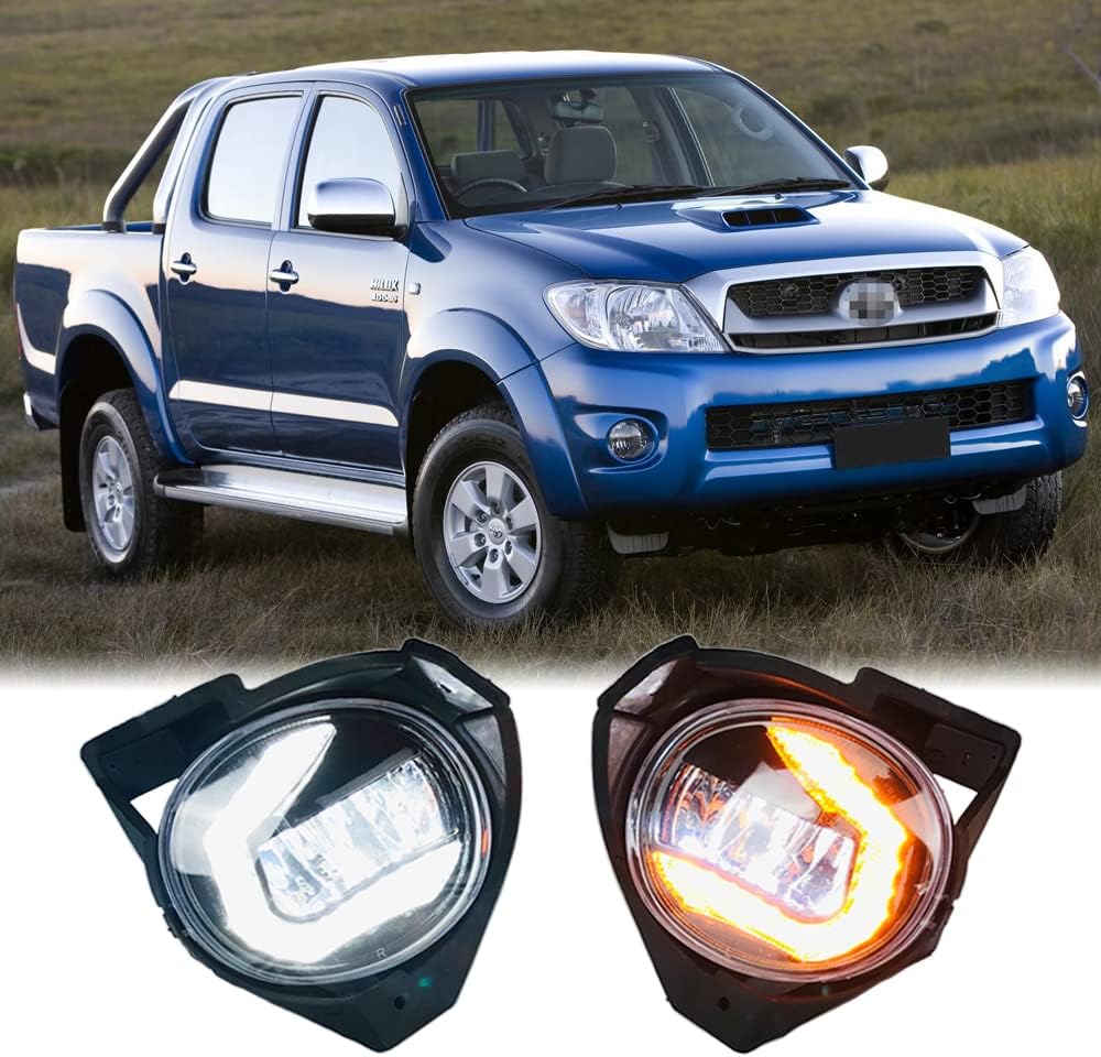 Dreamseek LED DRL Driving Fog Lamp Assembly for Toyota Hilux Vigo 2008 2009 2010 2011 Front Bumper Light with Dynamic Sequential Turn Signal