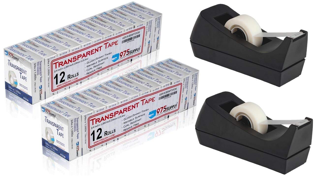 975 Supply Clear Tape, 24 Rolls, 3/4" x 1000" + 2 Desk Tape Dispensers
