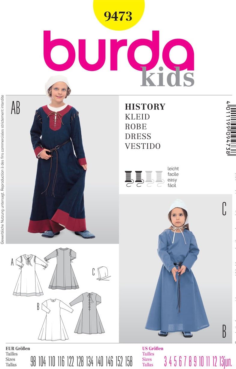 BURDA 9473 GIRL'S HISTORICAL LONG DRESS (SIZE 3-13jun,) SEWING PATTERN