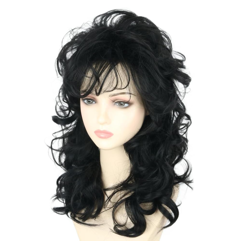 LeMarnia Women's Black Fluffy Long Curly Wig Rock Singer Wig Halloween Party Costume Wigs, 22.75 inches - Image 3
