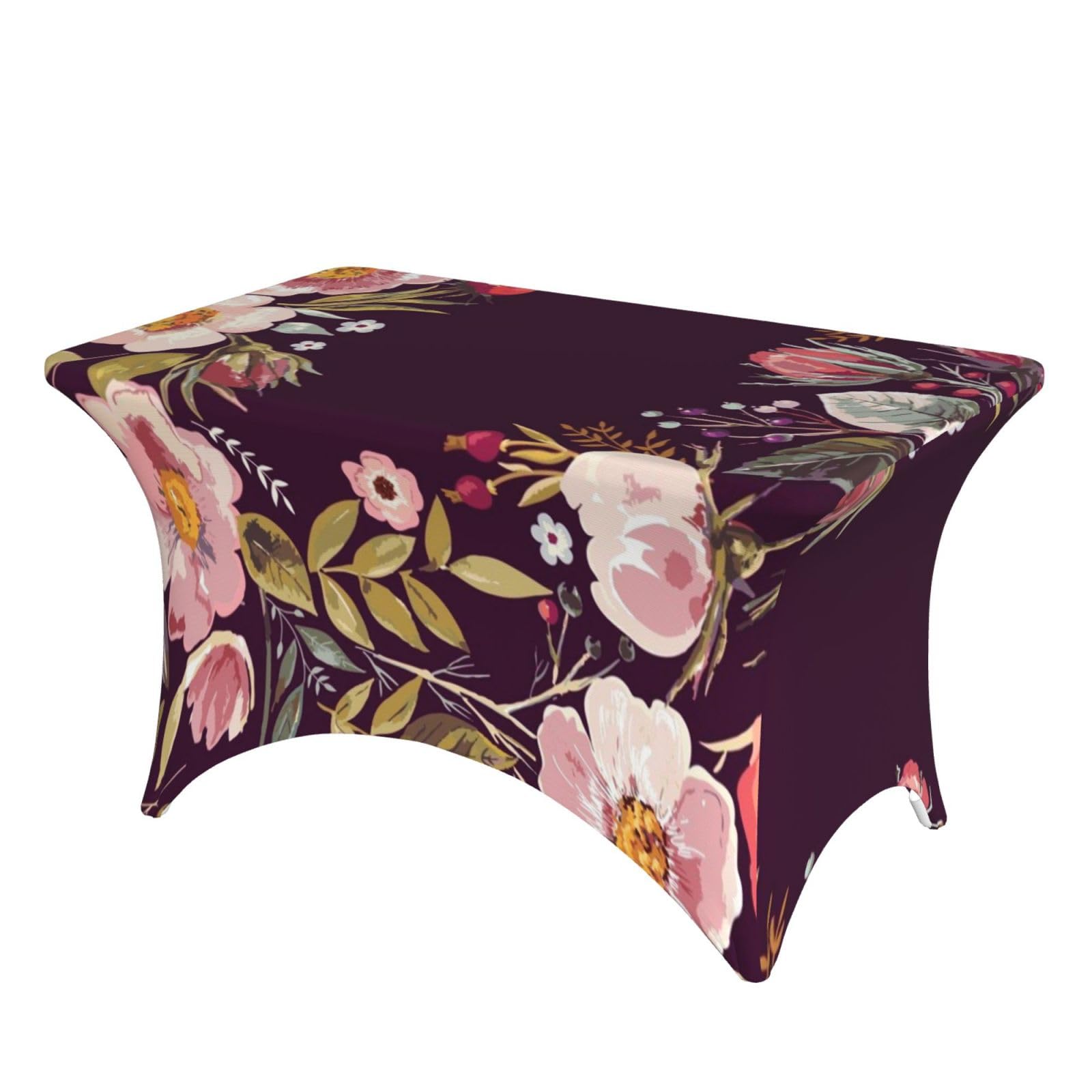 DCEHGEW 4FT Spandex Rectangular Table Cloth, Floral Printed Fitted Elastic Tablecloths Washable Table Cover for Event, Wedding, Banquet & Party