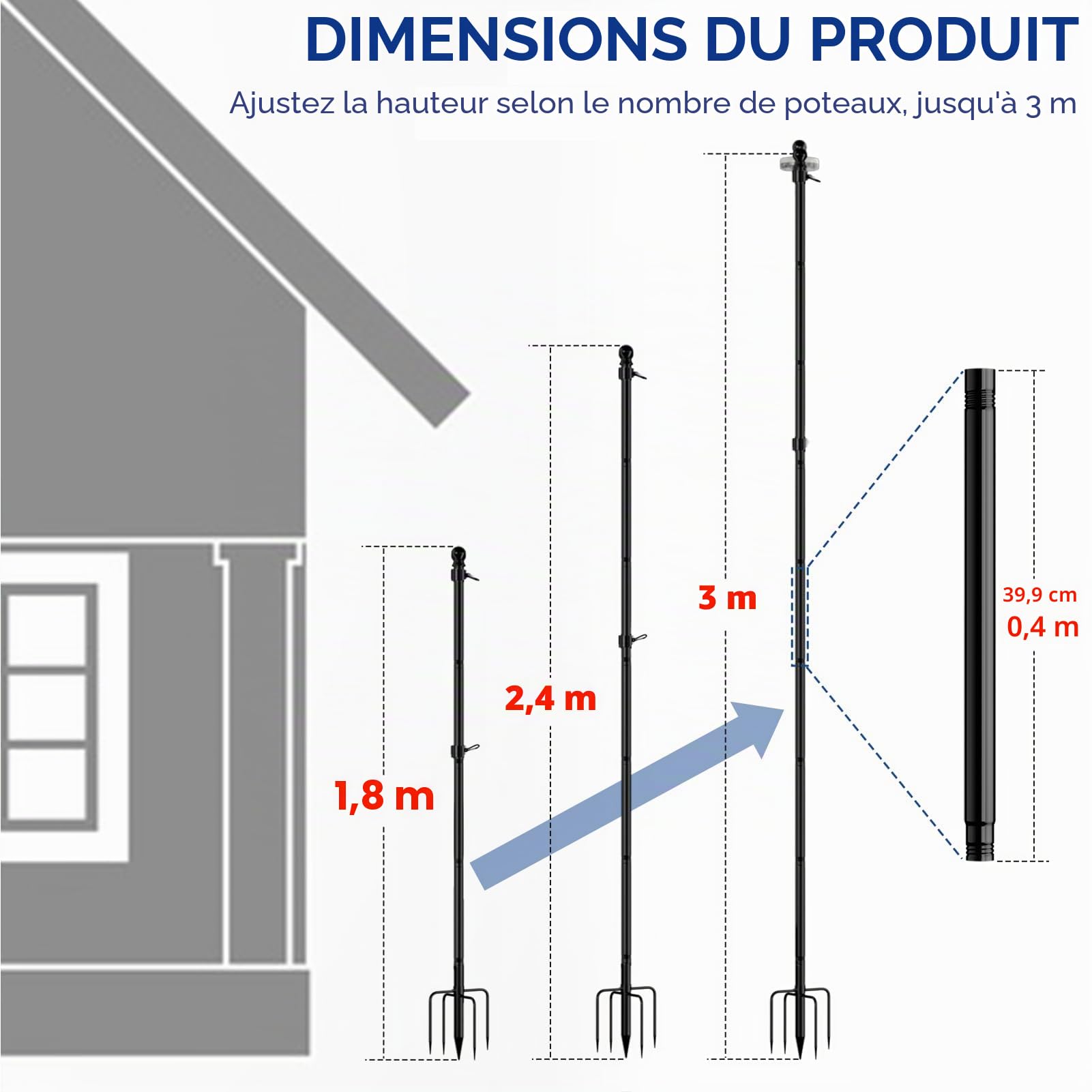 ZMTECH Mât de drapeau de 3 m pour jardin, mât robuste de 300 cm avec support à 5 griffes, kit de mât de drapeau extra épais pour extérieur (noir, sans drapeau)