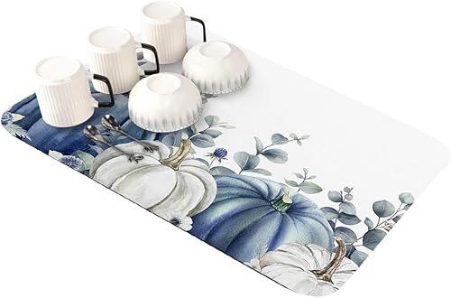 Tapete de secado de platos de calabazas azules y blancas para encimera de cocina, manteles individuales absorbentes de secado rápido, tapetes